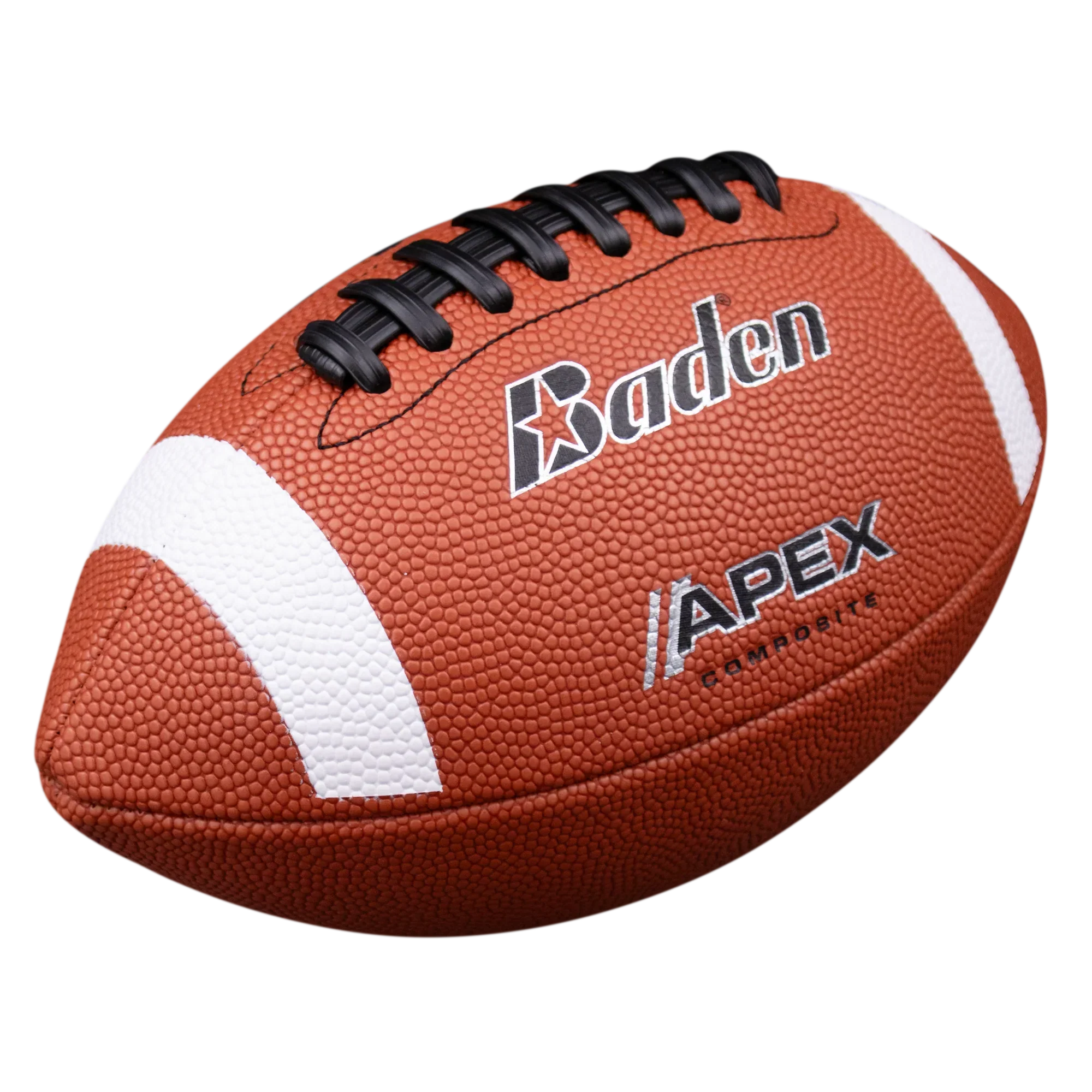 Baden Footballs ball with orange pebbled surface, black laces, and white stripes.