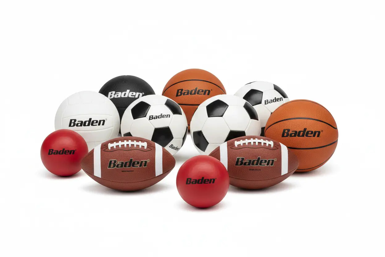 Set of baden brand sports balls including white black orange and red soccer basketball and football for canada and united states at the ball depot