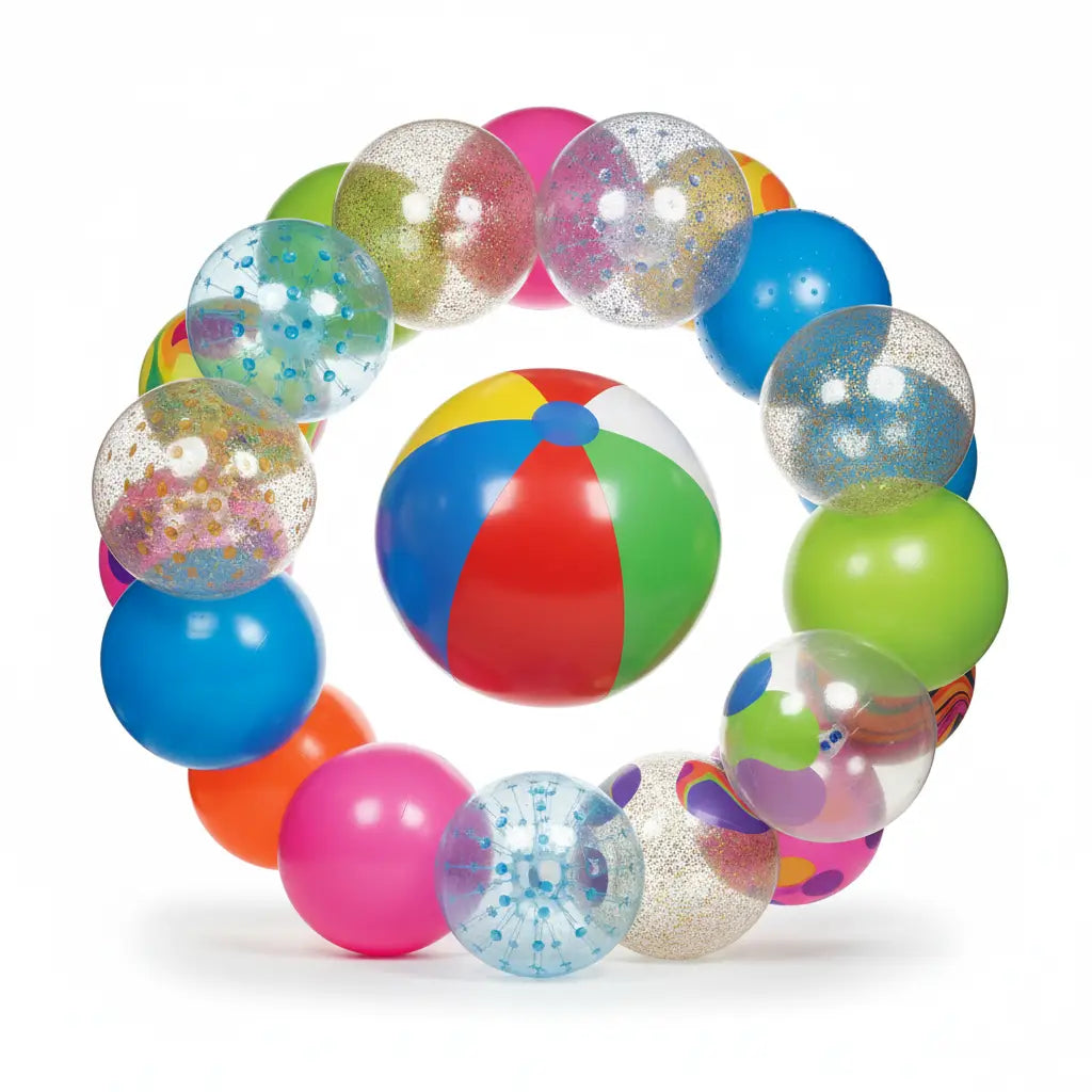 various giant balls. a few beach balls, a walk on water ball and inflation balls. 