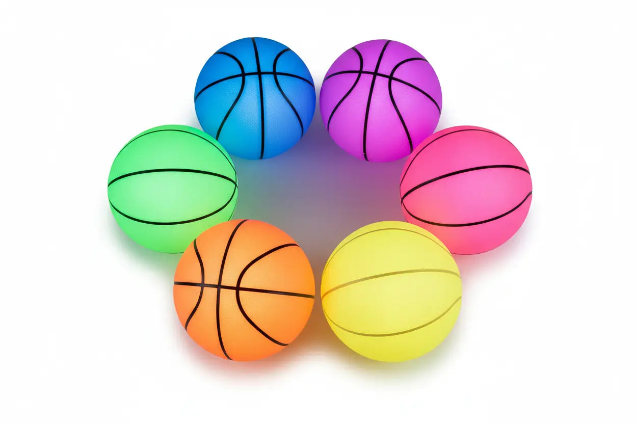 Seven neon glow-in-the-dark basketballs arranged in a circle.