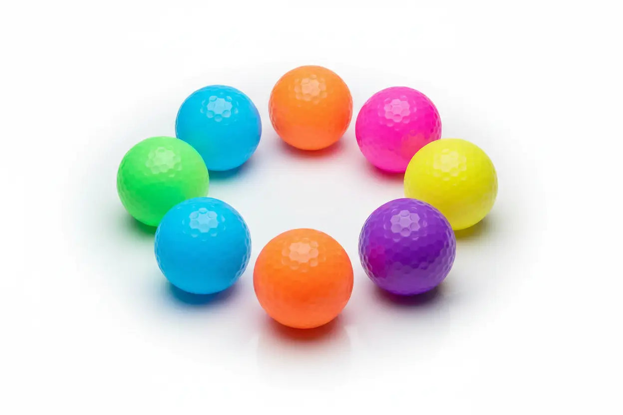 Glow Golf Balls in neon rainbow colors arranged in a circle on a white surface.
