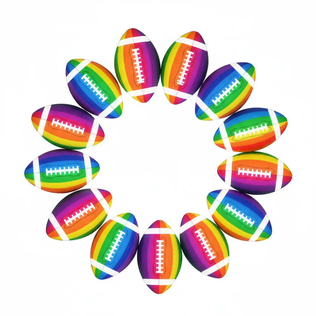 Rainbow glow footballs arranged in a circle, each featuring bright rainbow stripes and white laces.