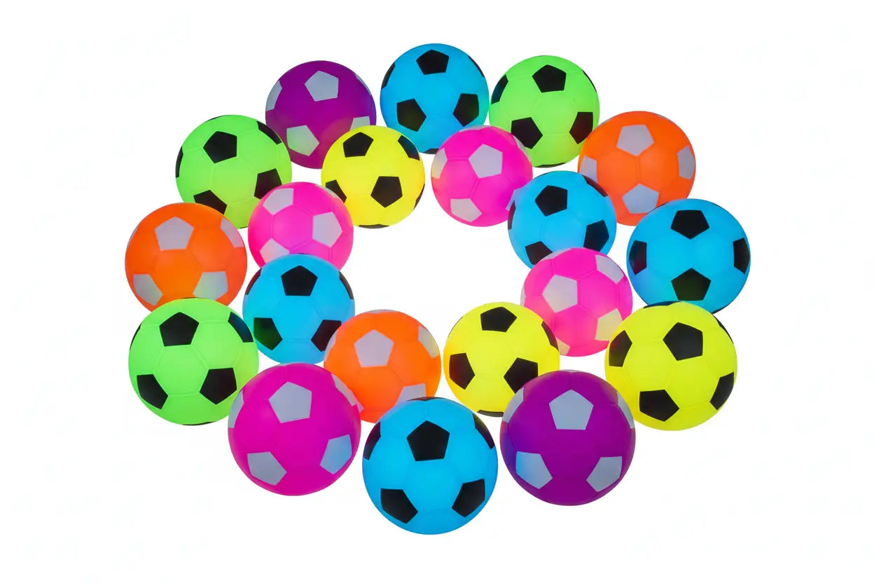 Neon glow soccer balls in various colors arranged in a circular cluster.