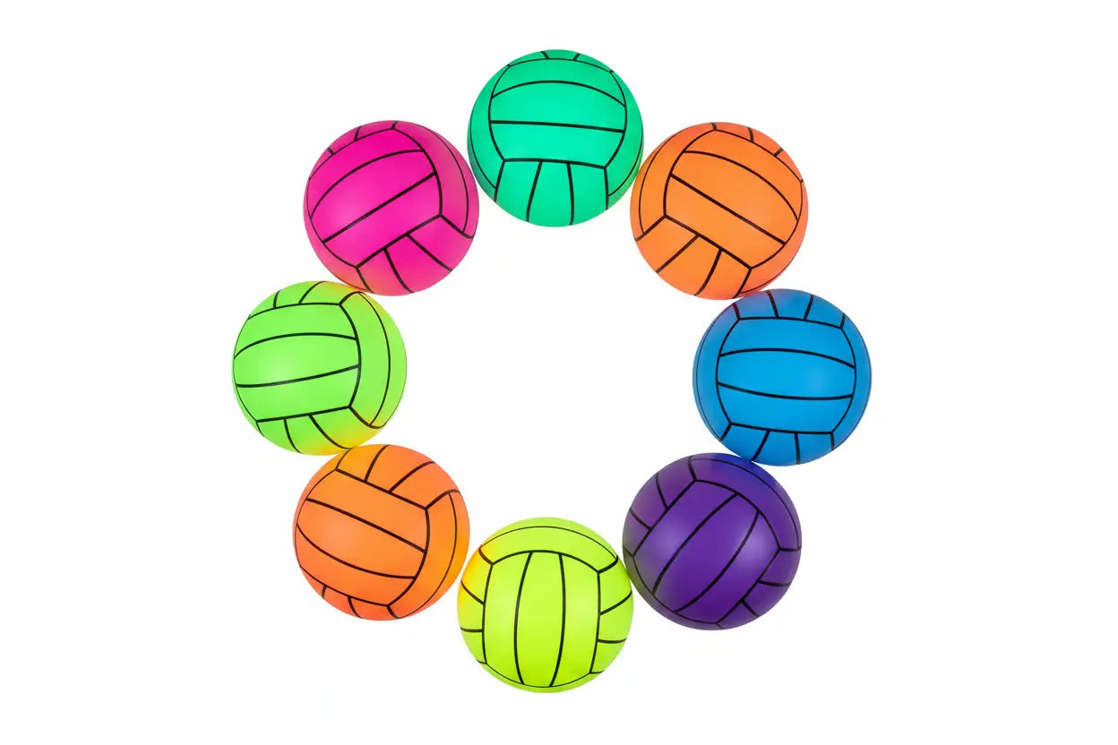 Neon glow volleyballs arranged in a colorful ring.