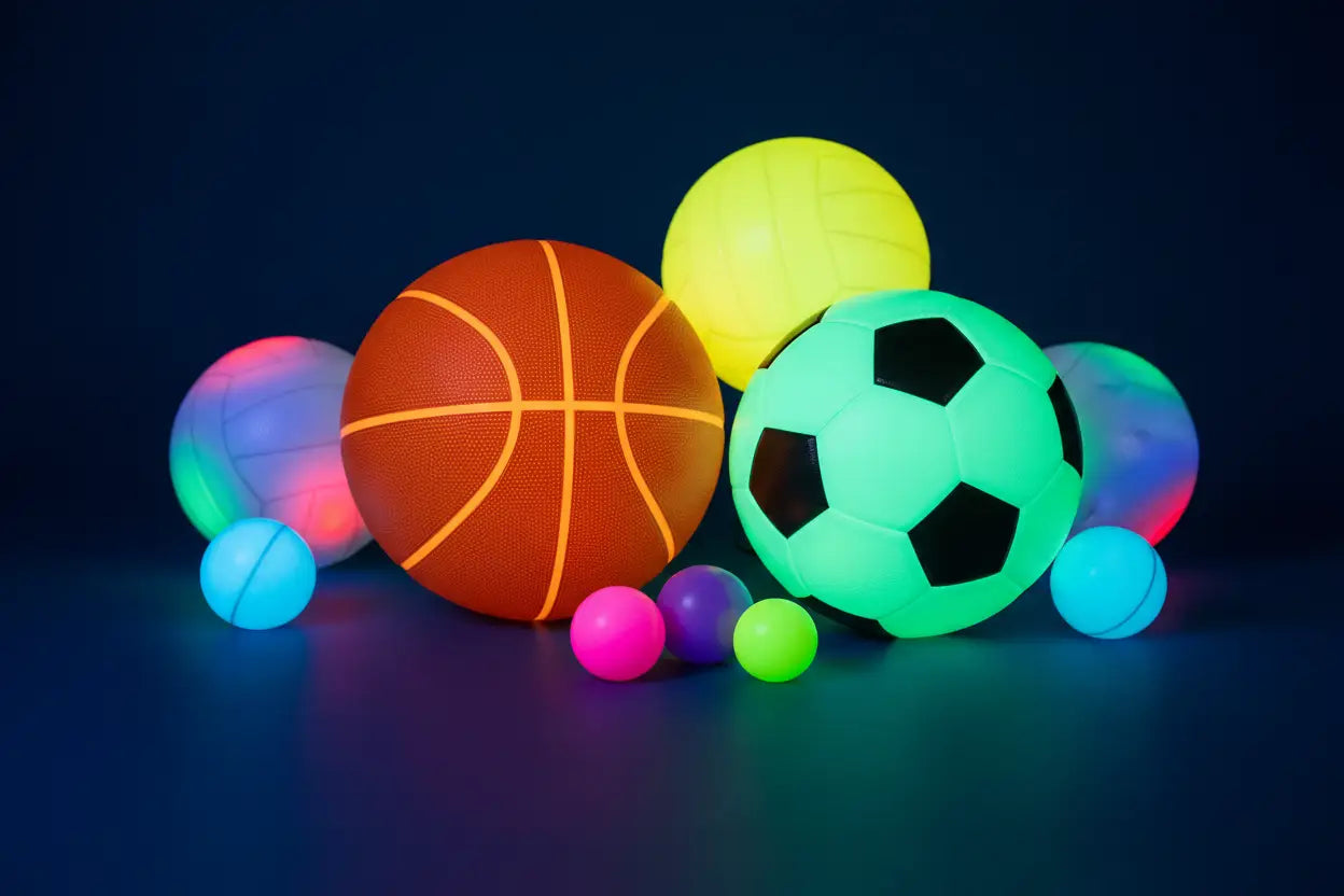 Various balls with red yellow and blue glowing in the dark in Glow Zone