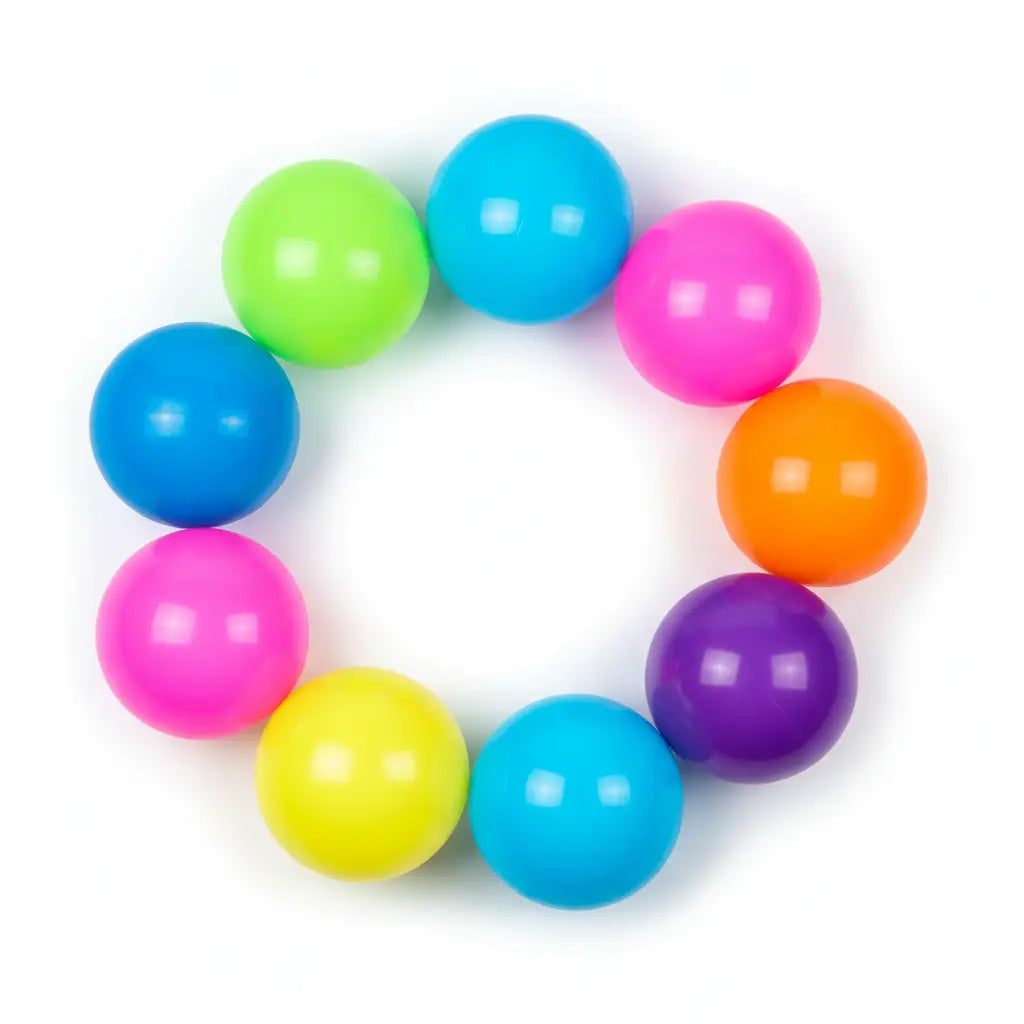 Kids Glow Balls arranged in a bright color ring of blue, pink, yellow, green, orange, and purple spheres.