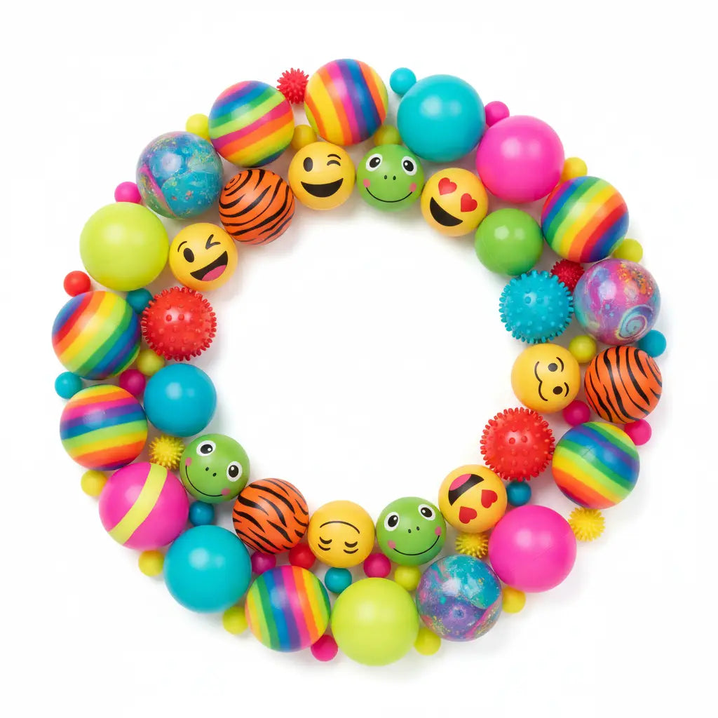 create an image witVarious types of Novelty Balls: colorful toys with frog, tiger, emoji faces, squishy balls, bounce balls, glow up balls spikey and rainbow balls