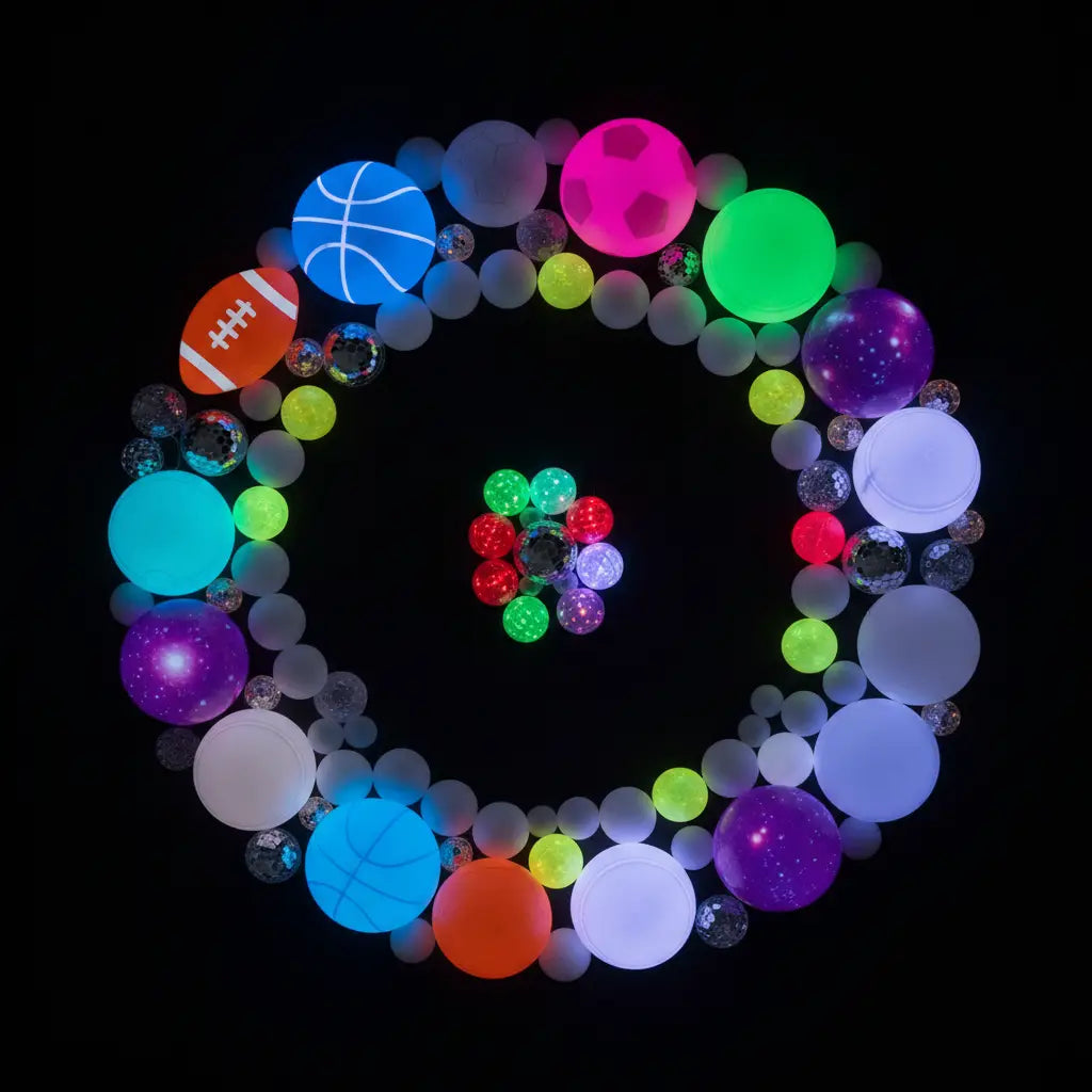 Outdoor Glow Balls arranged in a glowing circular ring of neon spheres.