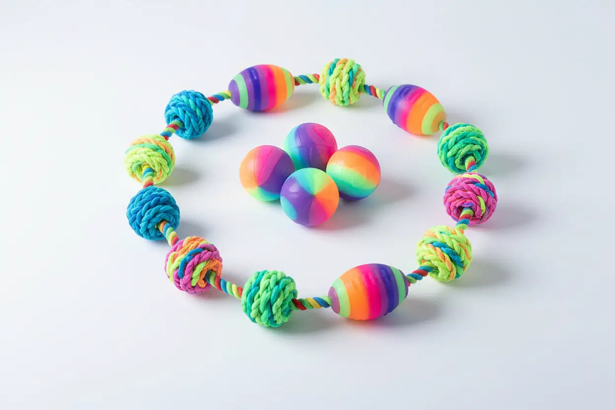 Rainbow Pet Glow Balls ring toy with braided rope links and neon glow balls.