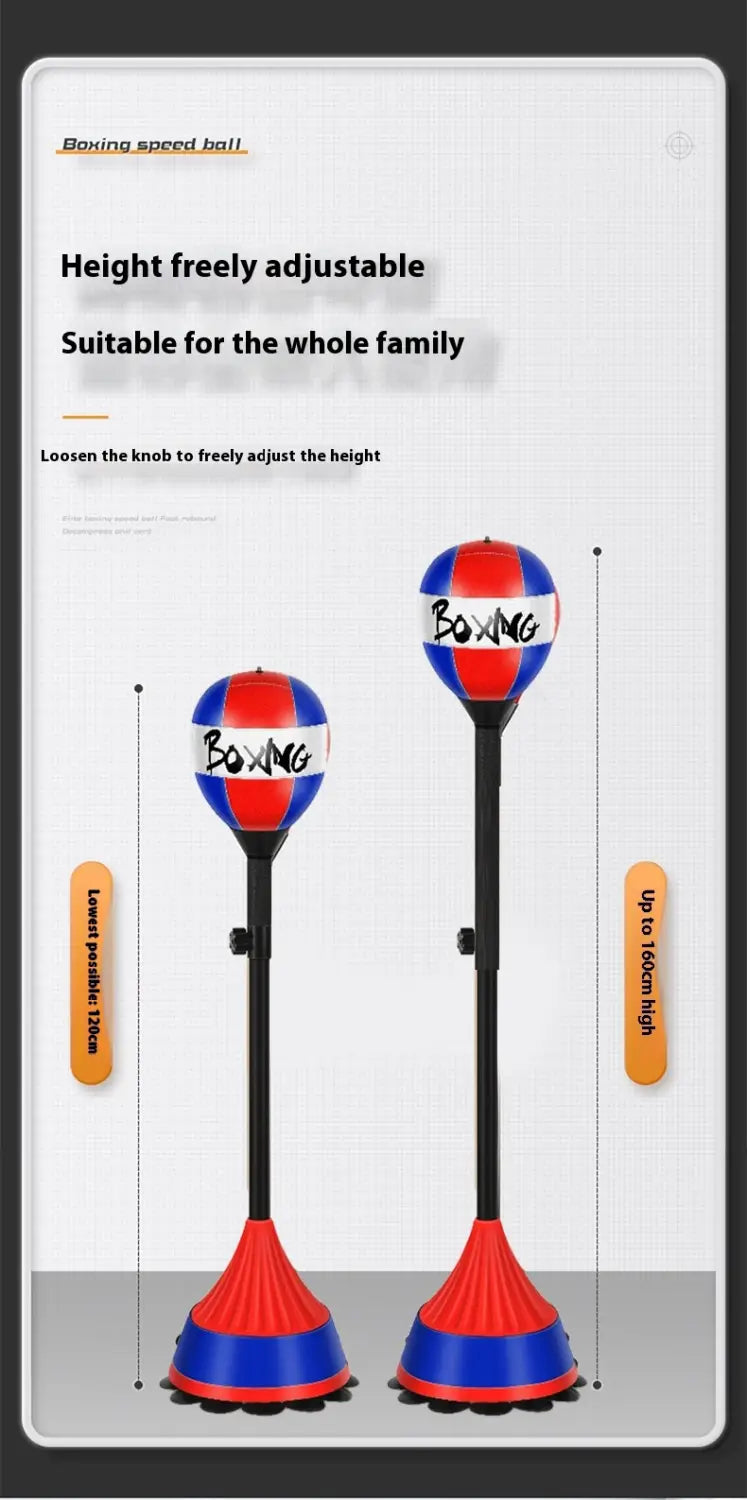 Red and blue boxing speed ball with boxing text on black adjustable stand
