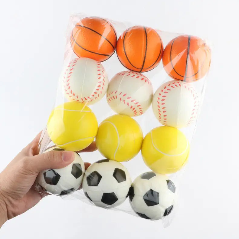 Soft solid elastic balls: clear bag of squishy basketballs, baseballs, tennis balls, soccer balls