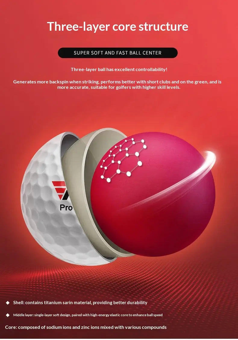 Vibrant red Golf Three-layer Competition Ball with 3-layer core structure.