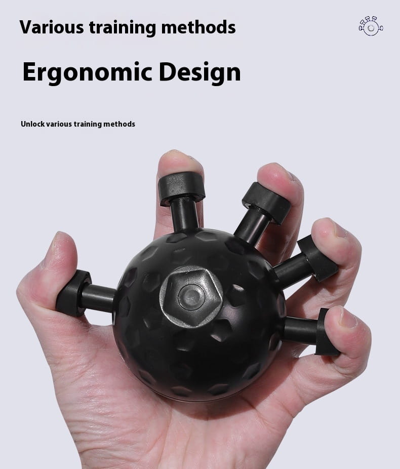 Black ergonomic hand grip ball with textured surface and 6 adjustable finger extensions