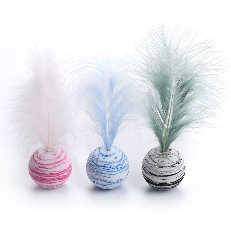 Three marbled feather cat toy balls in pink, blue, black and white