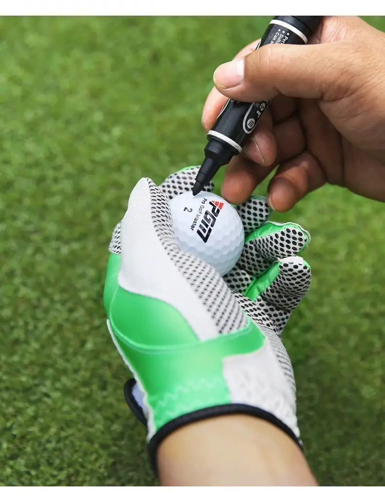 Hand marking white Golf Three-layer Competition Ball with black red branding using green white gray perforated glove