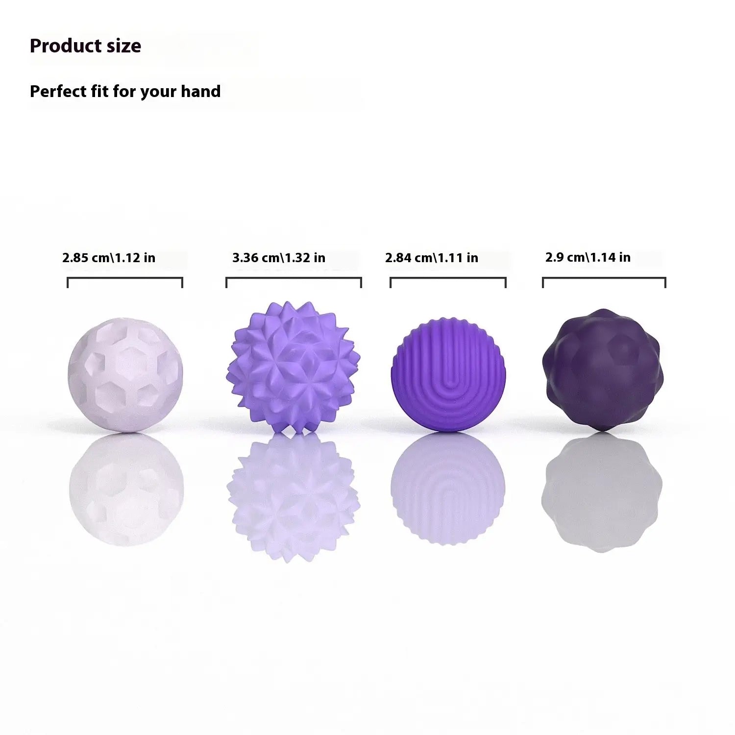 Silicone magnetic sensory balls in purple shades with textured patterns