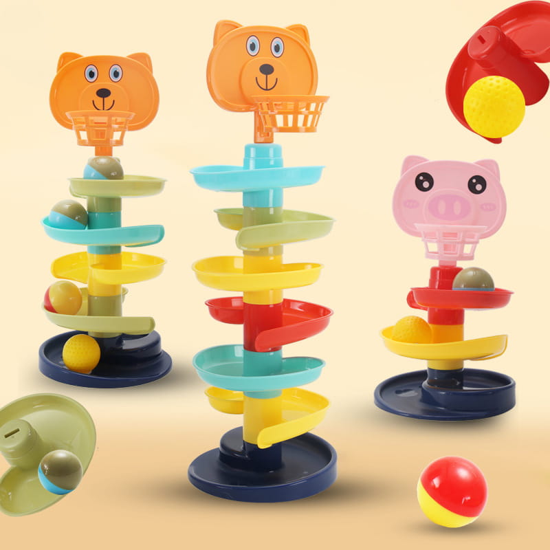 Colorful Kids Rolling Ball Game toy hoops with animal faces and spiral tracks