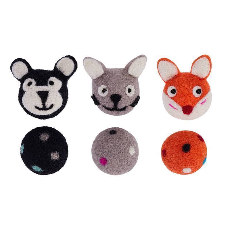 Felt Stretch Bell Cat Ball with animal face and ball toys in black, gray, orange