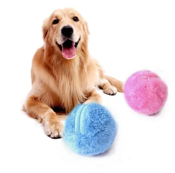 Gravity Pet Ball: fluffy plush dog toy in vibrant blue and pink hues