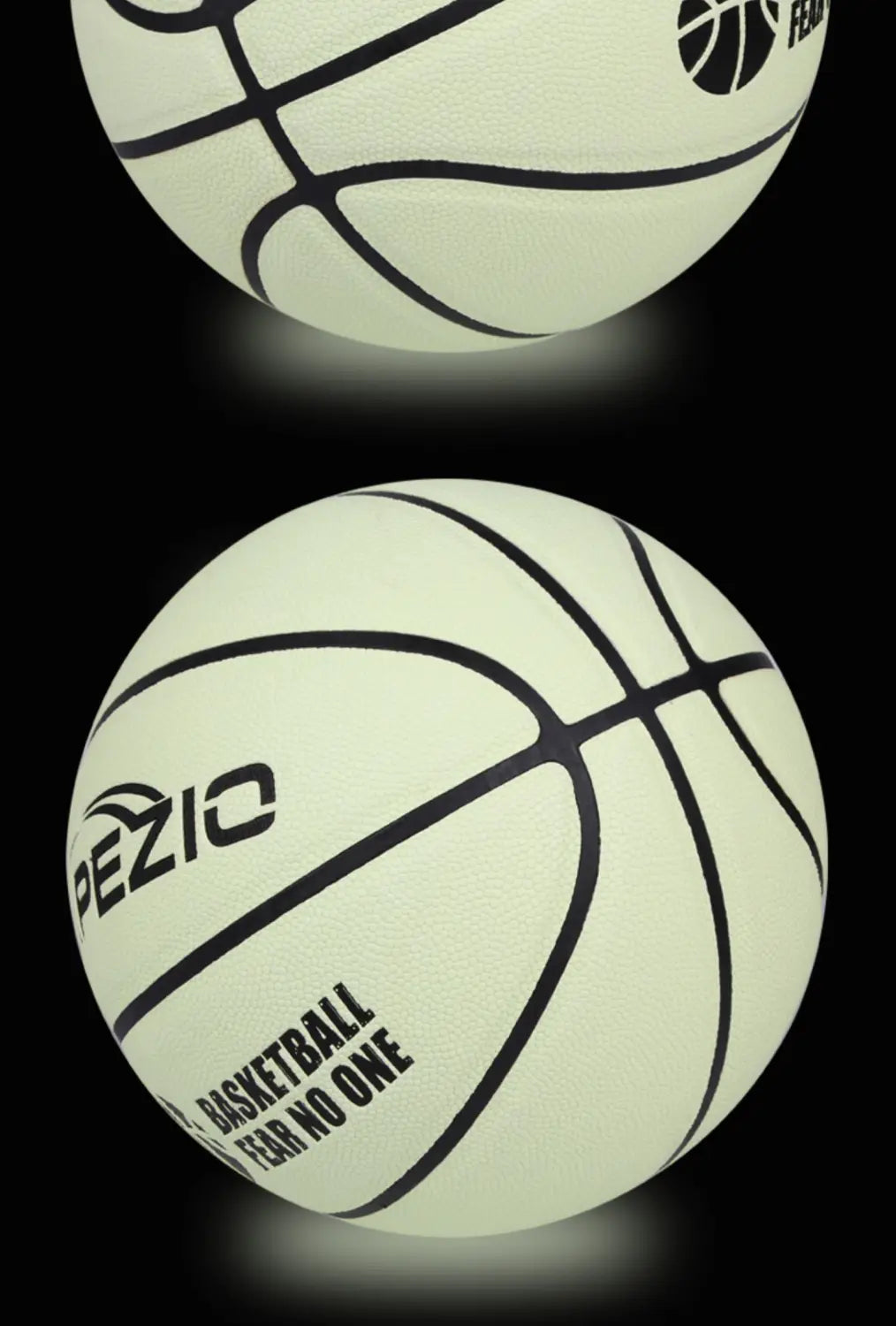 Glowing Basketball: white pezio ball with black lines and text