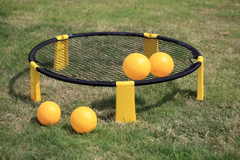 Yellow black plastic beach ball toss game set with 4 yellow balls