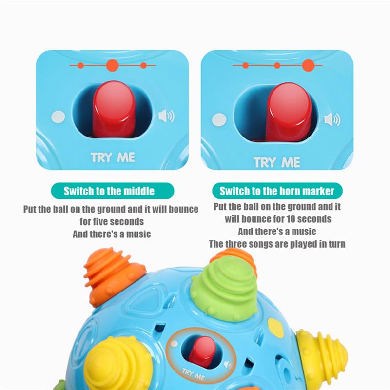 Kids Music Balls blue plastic bouncy ball with colorful protrusions red buttons