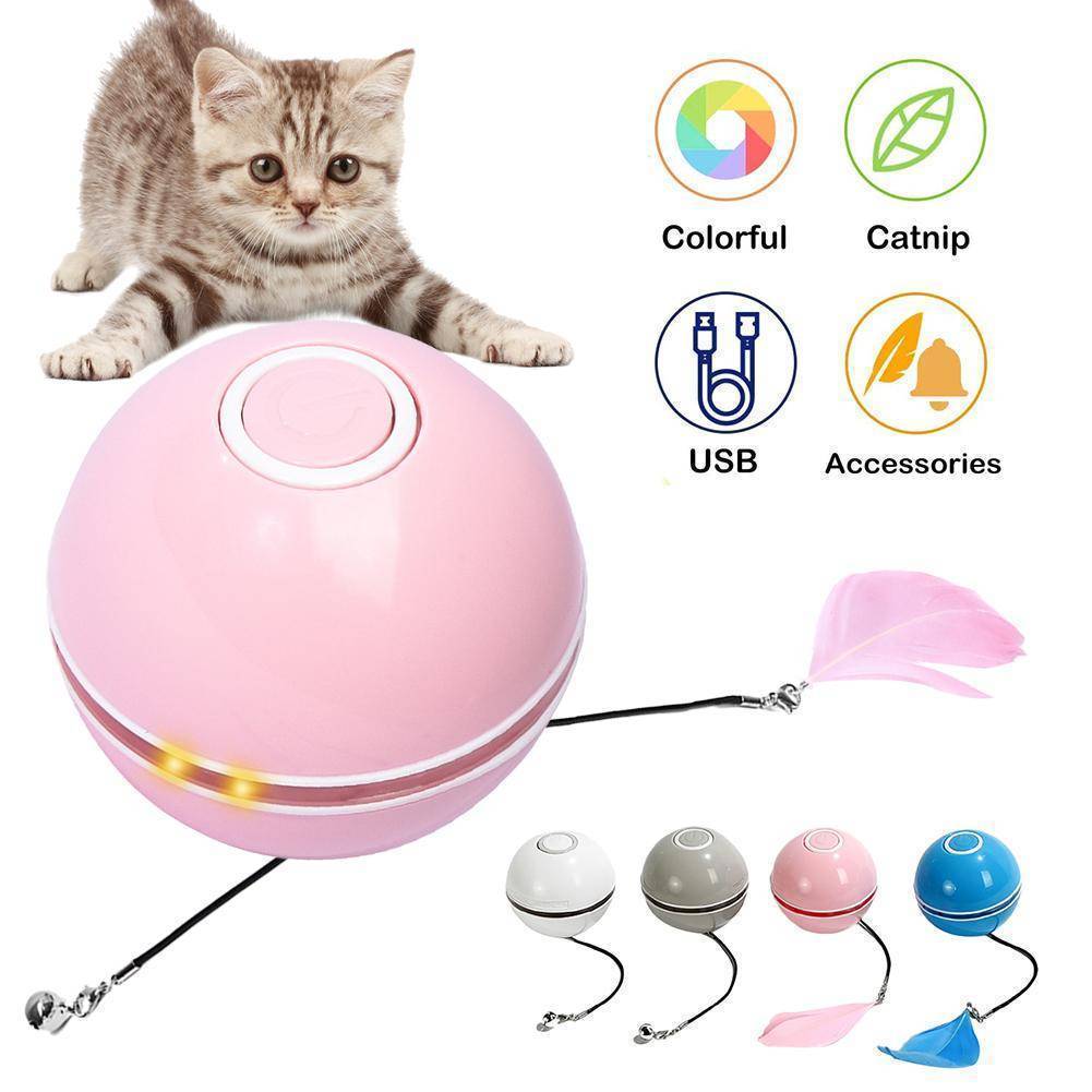 360° Interactive LED Cat Toy Ball: pink sphere with glowing LED band and feather wand
