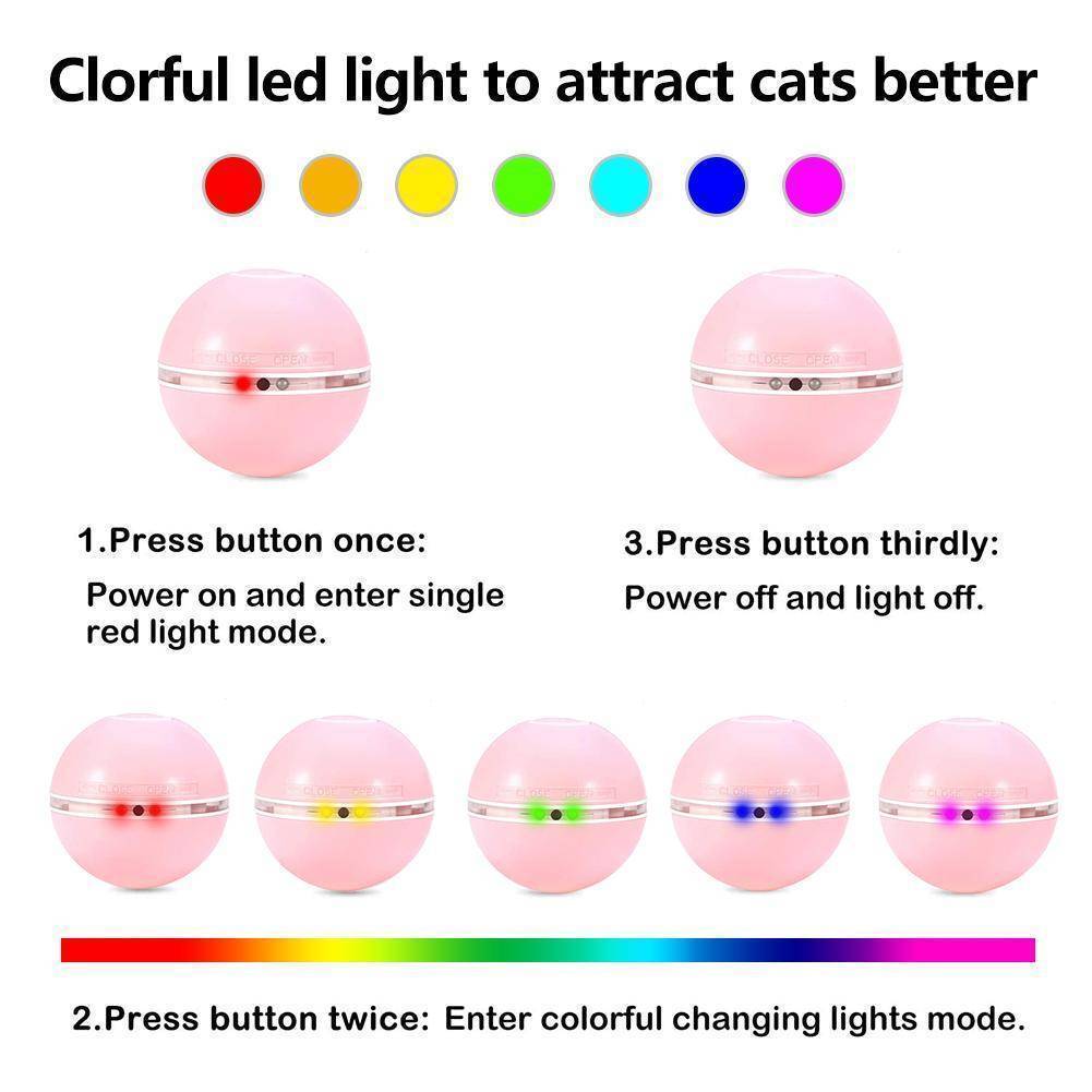360° Interactive LED Cat Toy Ball: pink spherical attractor with silver band, red button
