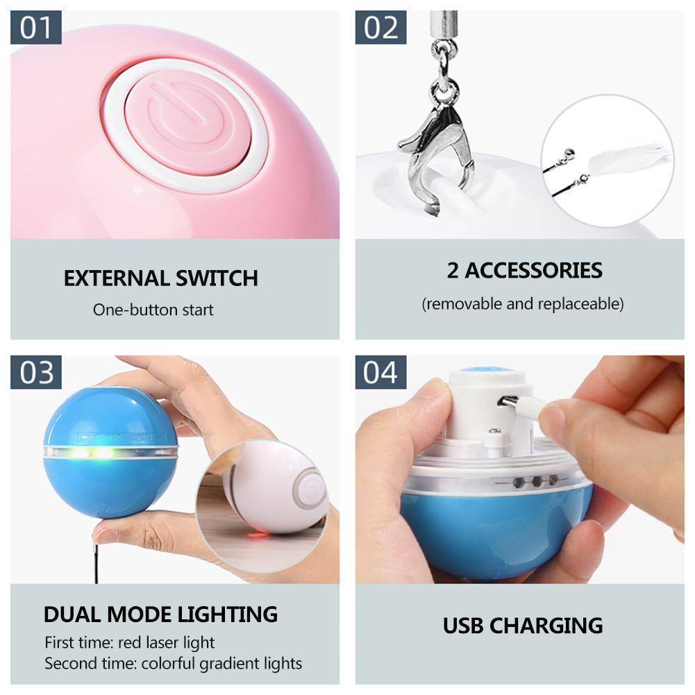 360° Interactive LED Cat Toy Ball with pink-blue spheres, switch, USB, dolphin accessories