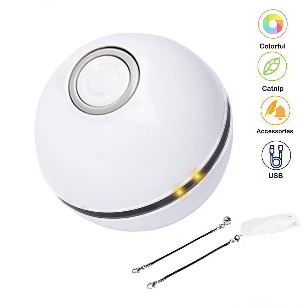 360° Interactive LED Cat Toy Ball - white sphere with silver button and yellow base LEDs