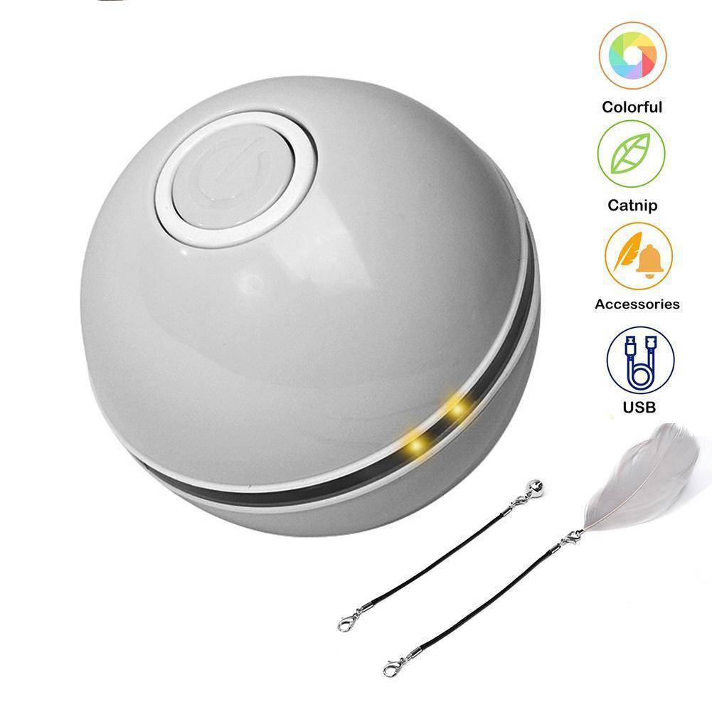 Gray glossy 360° interactive LED cat toy ball with black accent bands