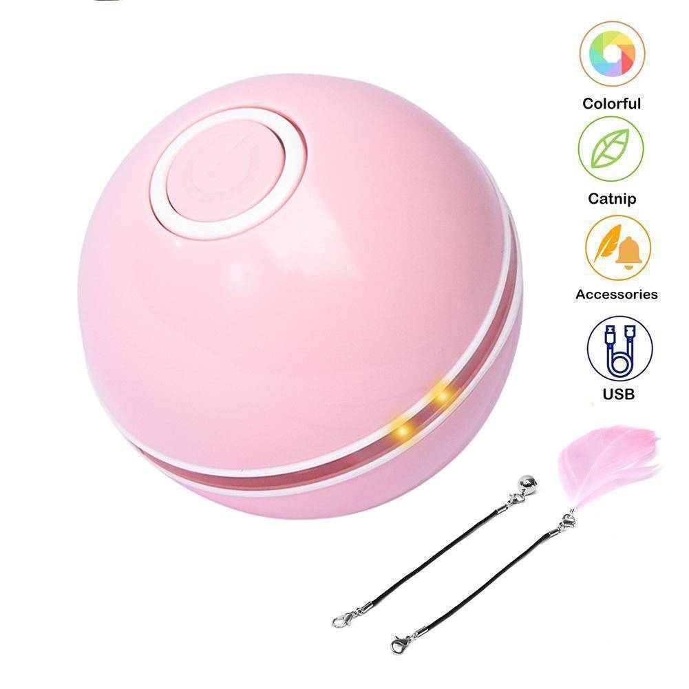 360° Interactive LED Cat Toy Ball: pink sphere with white button, glowing LEDs, USB port.