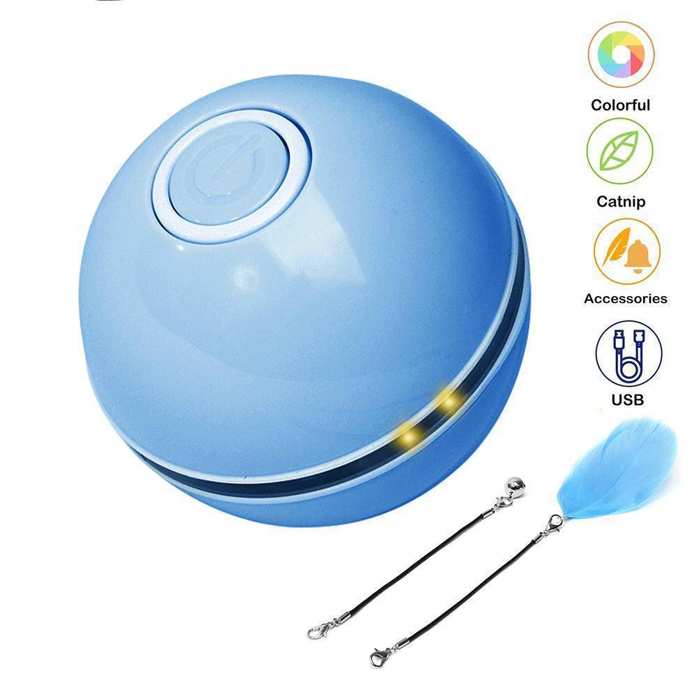 360° interactive LED cat toy ball, light blue sphere with white button and glowing base lights