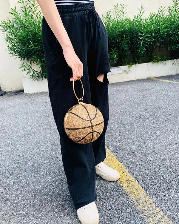 Ladies rhinestone basketball bag with round woven clutch and gold handle