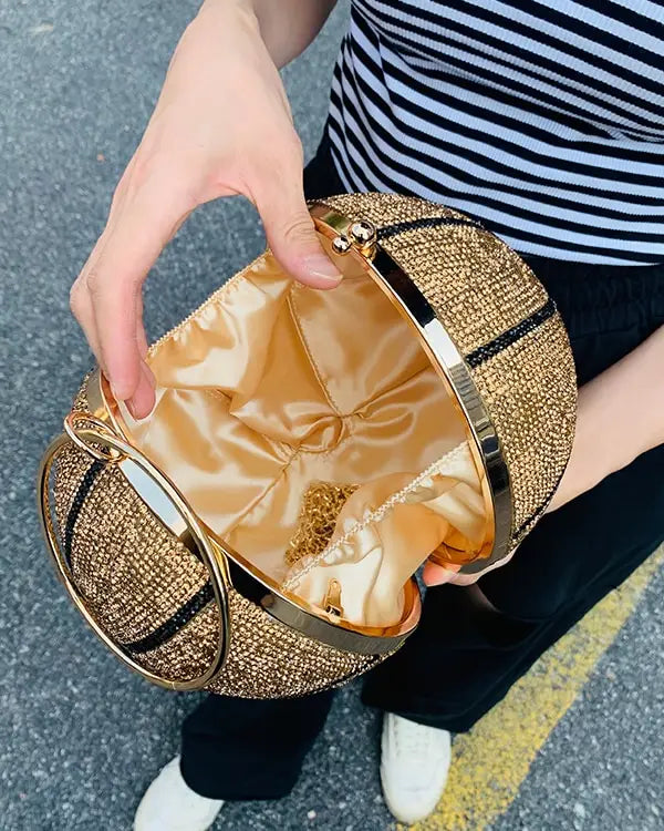 Ladies rhinestone basketball bag with gold embellishments and satin interior