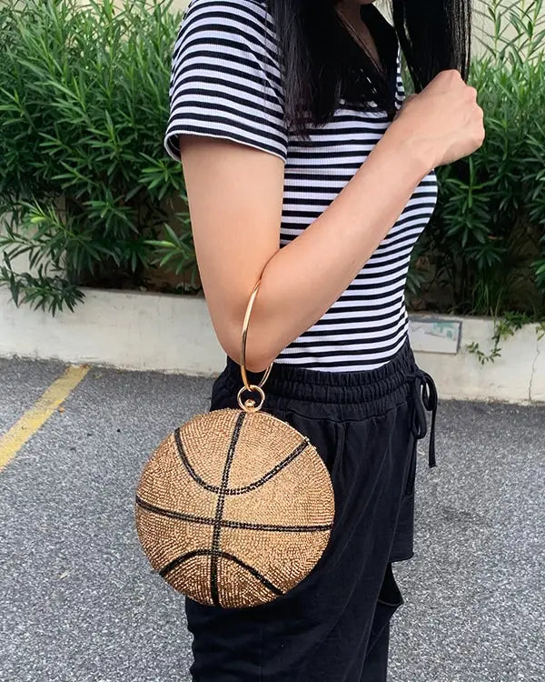 Ladies rhinestone basketball bag beige clutch with gold hoop handle