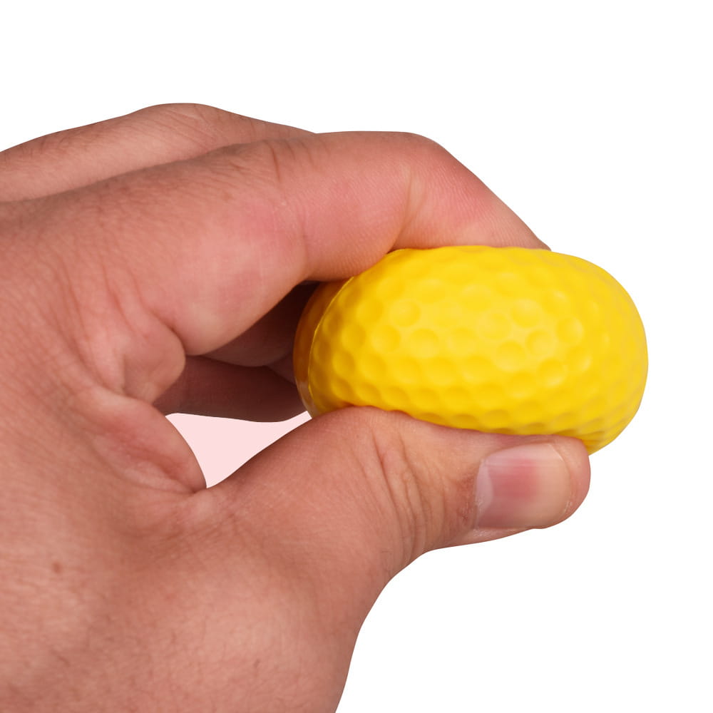 Bright yellow textured Golf Pu Sponge Ball stress reliever in hand