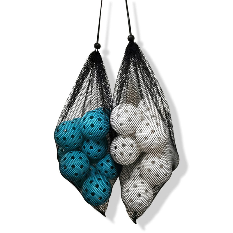 Two black mesh bags of teal and white Plastic Pickleball Weifu holed balls
