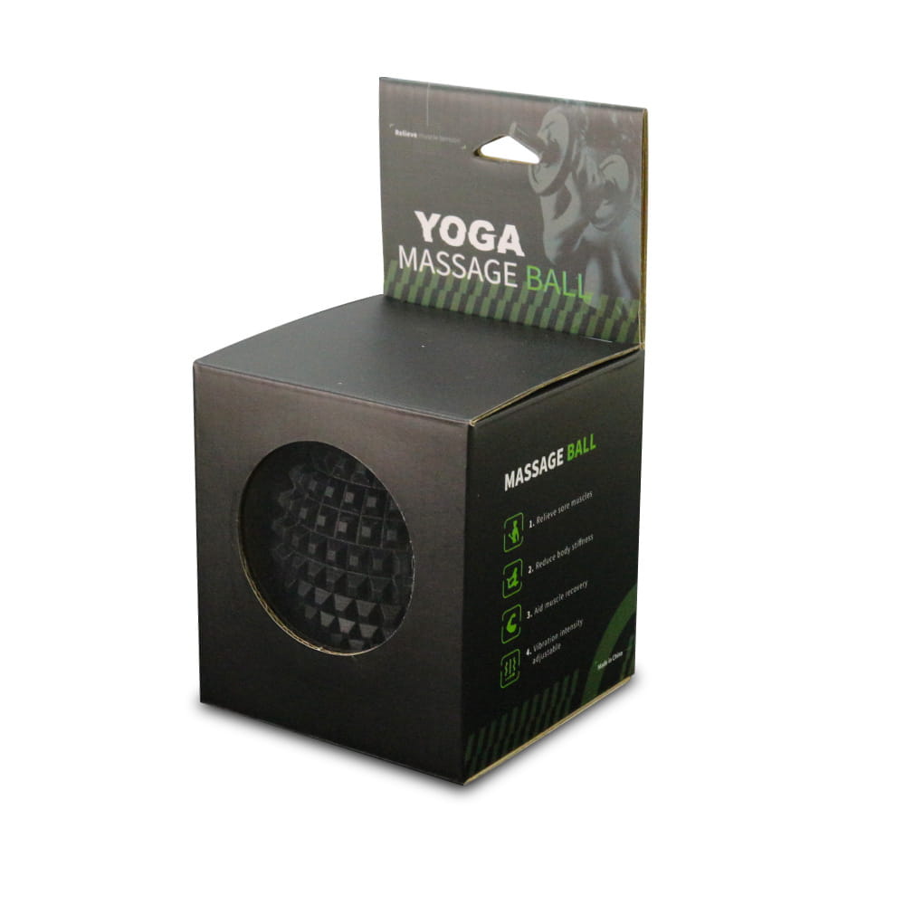 Black silicone fascia yoga massage ball with spiked texture in packaging