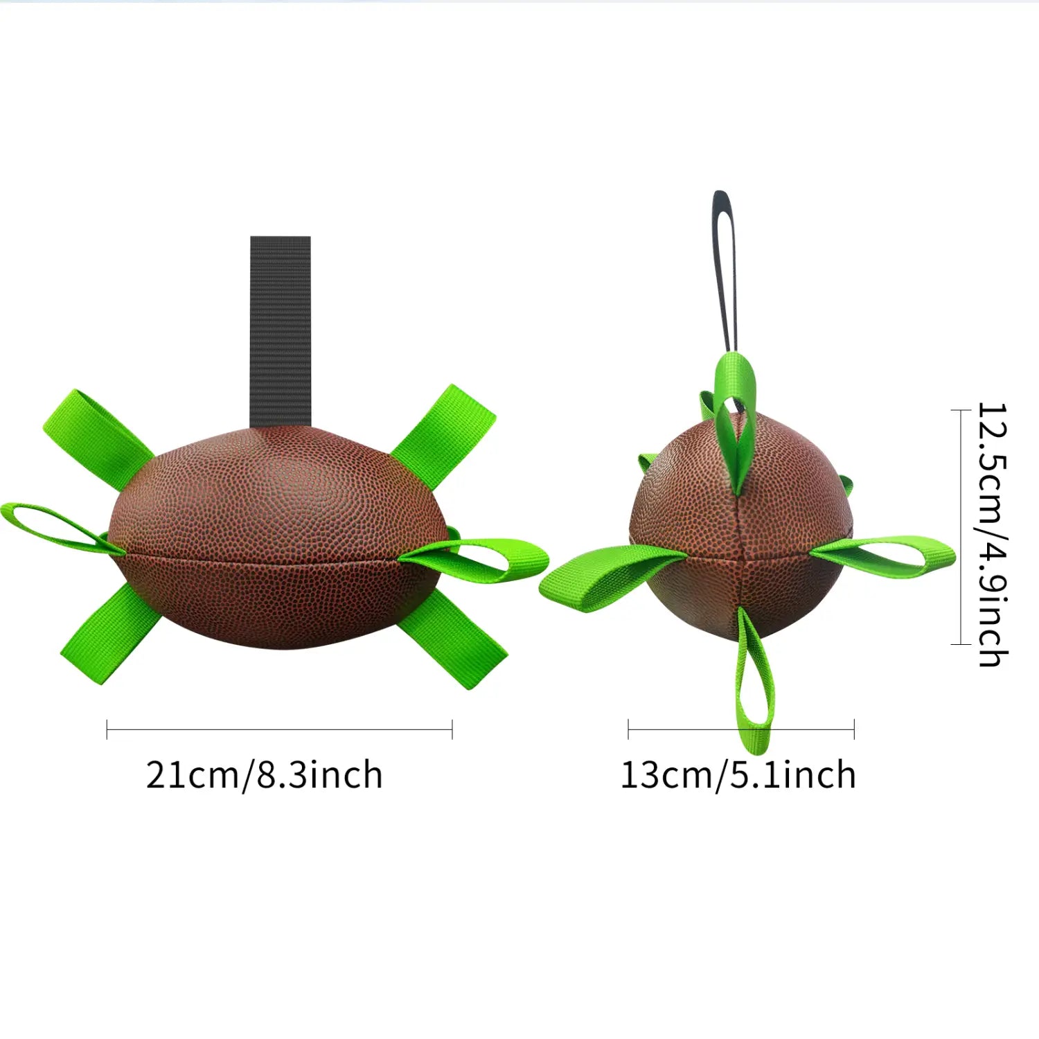 Interactive dog ball: brown textured football toy with green straps, black handle