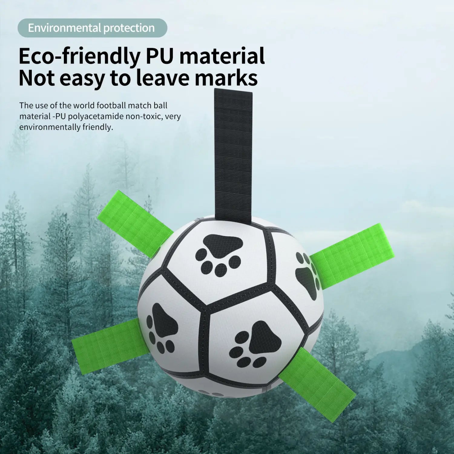 Interactive dog ball: white soccer toy with black paw prints, green strips, eco PU