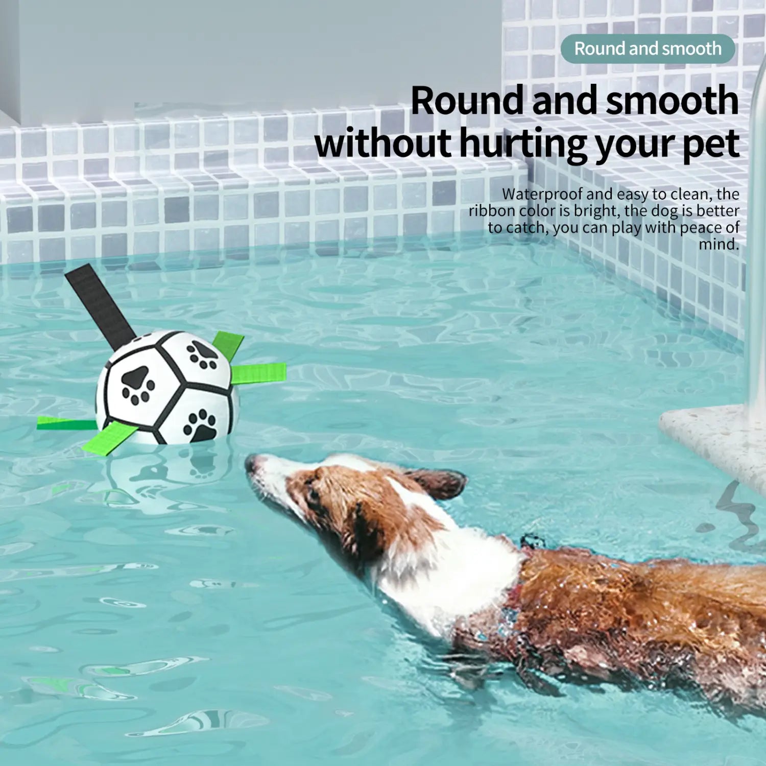 Interactive white green paw-print dog toy ball with ribbon handles
