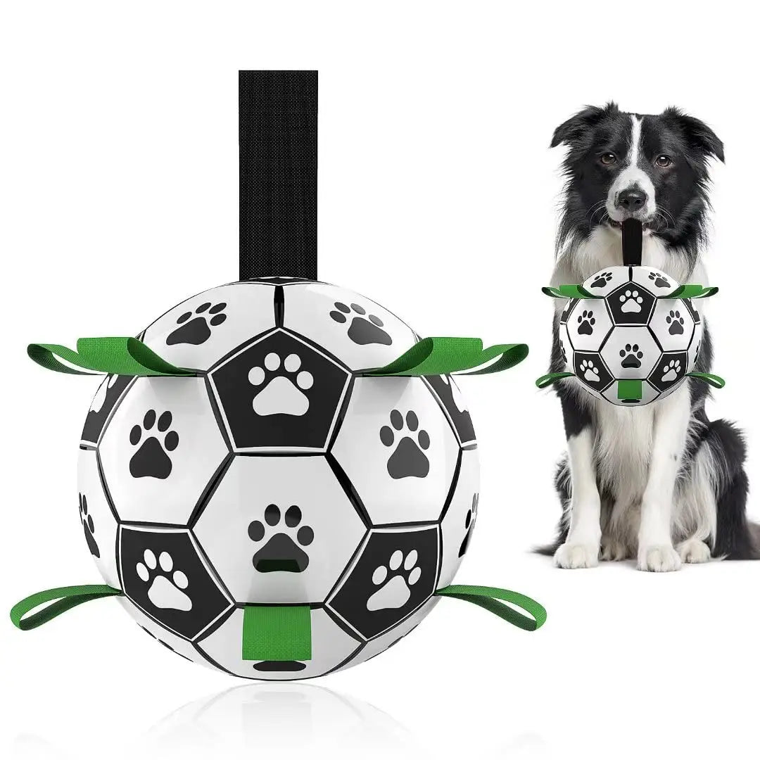 Interactive white black soccer ball dog toy with green handles paw prints