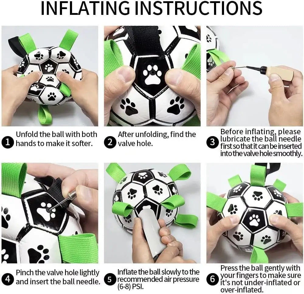 Interactive dog ball: white black soccer toy with green tabs paw prints