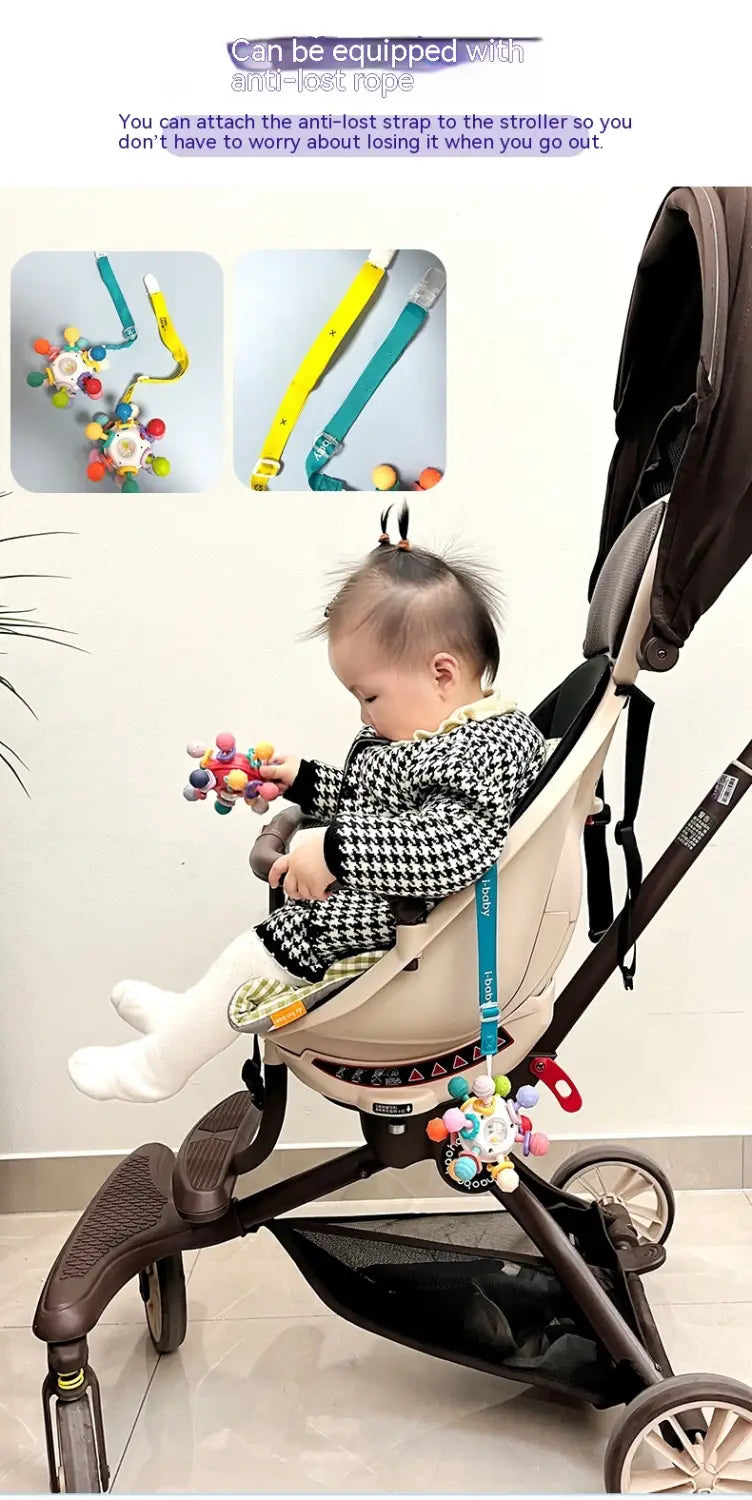 Multicolored Baby Manhattan finger ball rattle with anti-lost stroller rope