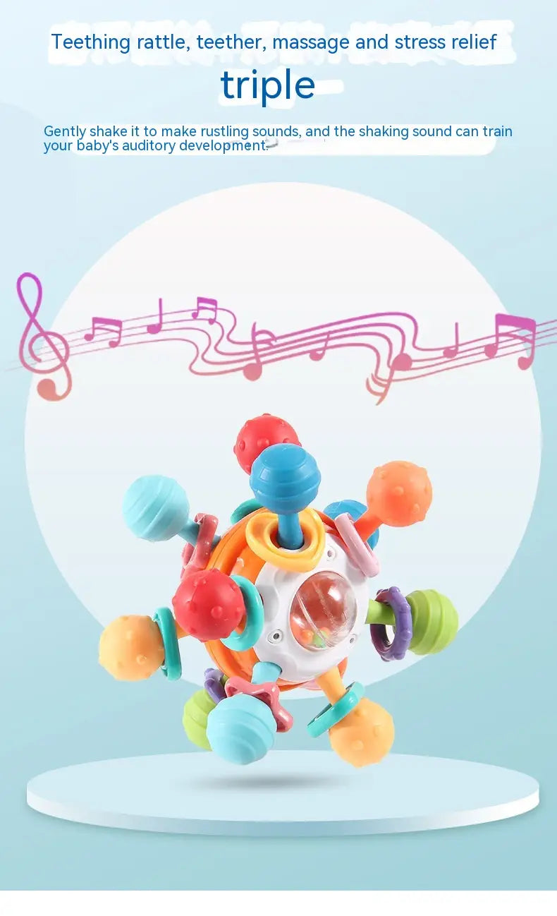 Colorful Baby Manhattan Finger Ball teething rattle toy with textured protrusions