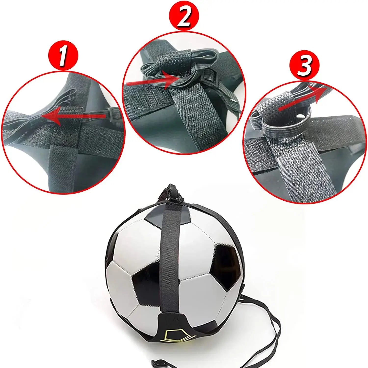 Black and white soccer ball with black elastic carry strap system