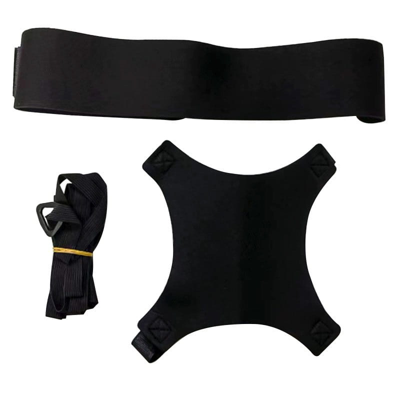 Black fabric harness with adjustable straps and metal buckle for ball control training