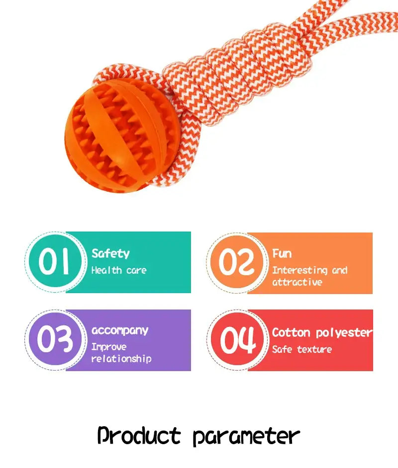 Orange textured rubber Interactive Dog Treat Rope Ball with braided rope handle