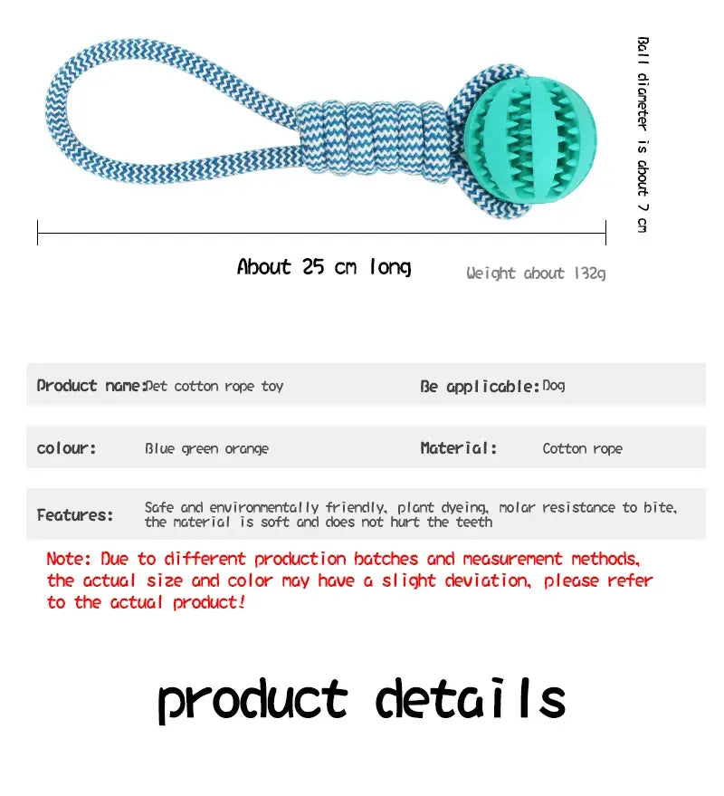 Interactive Dog Treat Rope Ball with blue green orange braided rope and textured ball